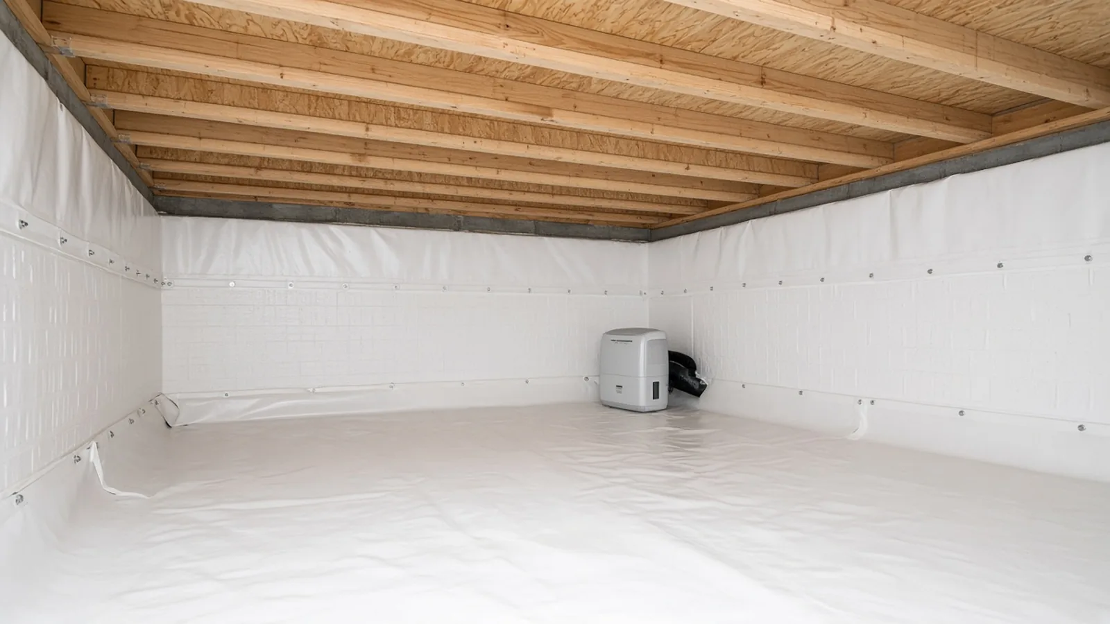 Crawl space encapsulation with a sealed white liner and dehumidifier in a Sacramento-area home