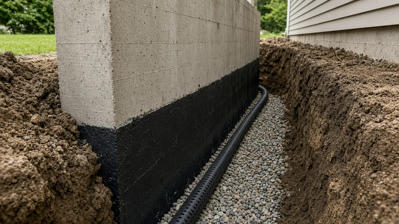Foundation waterproofing: excavated trench with dark waterproof coating on the foundation wall and a perforated drain pipe