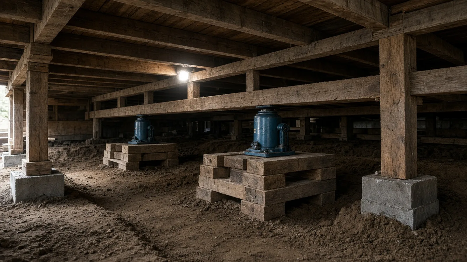 House leveling with hydraulic jacks on wood cribbing under a raised wood-frame Sacramento-area home