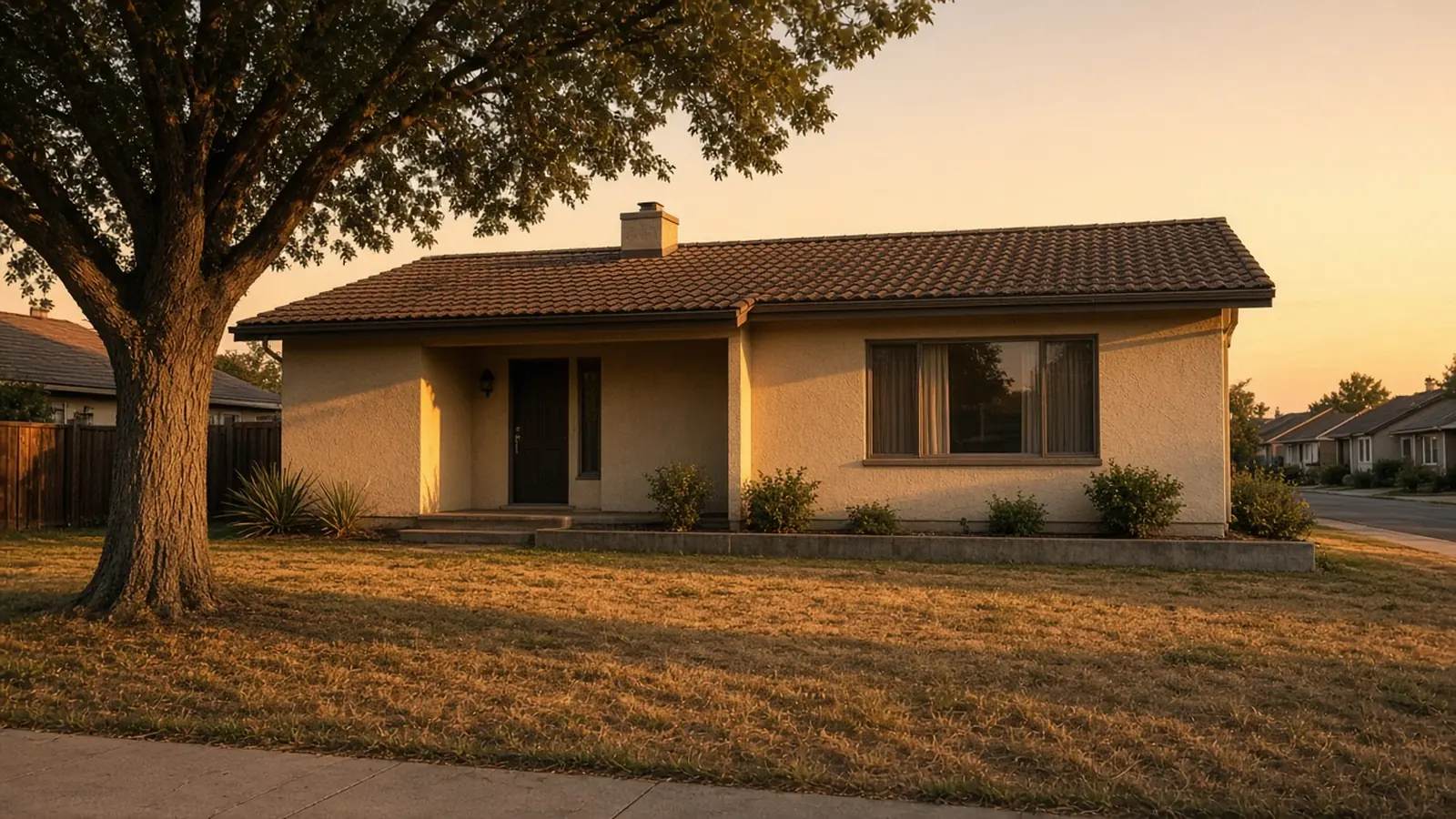 Single-story Sacramento ranch-style home with its concrete foundation visible at golden hour
